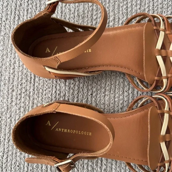 Anthropologie Brown Tan Woven Leather Ankle Strap Flats Sandals Size 8 - Picture 3 of 8